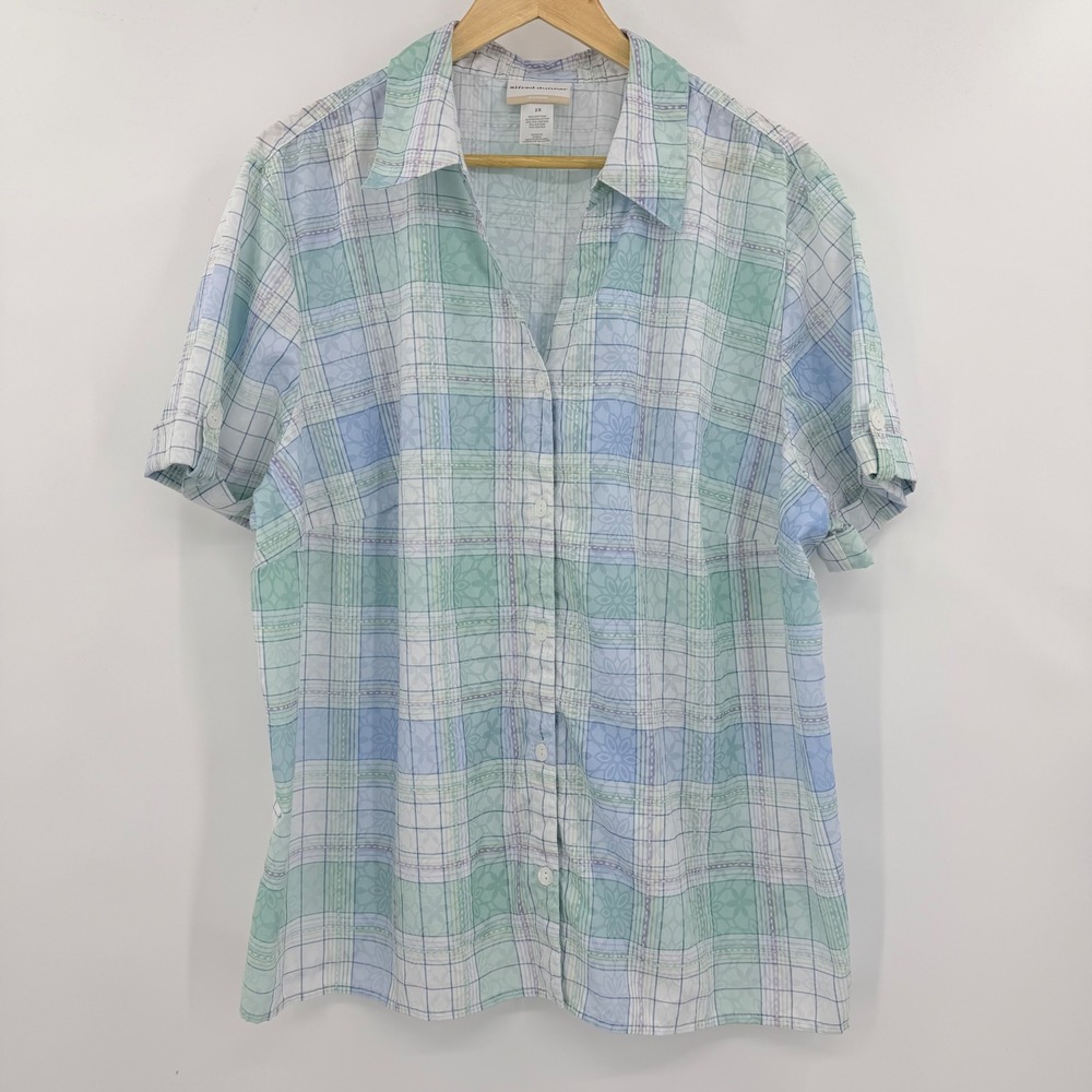 Alfred Dunner Button Down Shirt Women 2X Blue Green Plaid Floral Short Sleeve